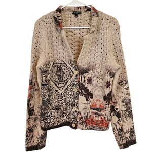 Etro Crochet Wool Floral Abstract Knit Button Down Pattern Sweater